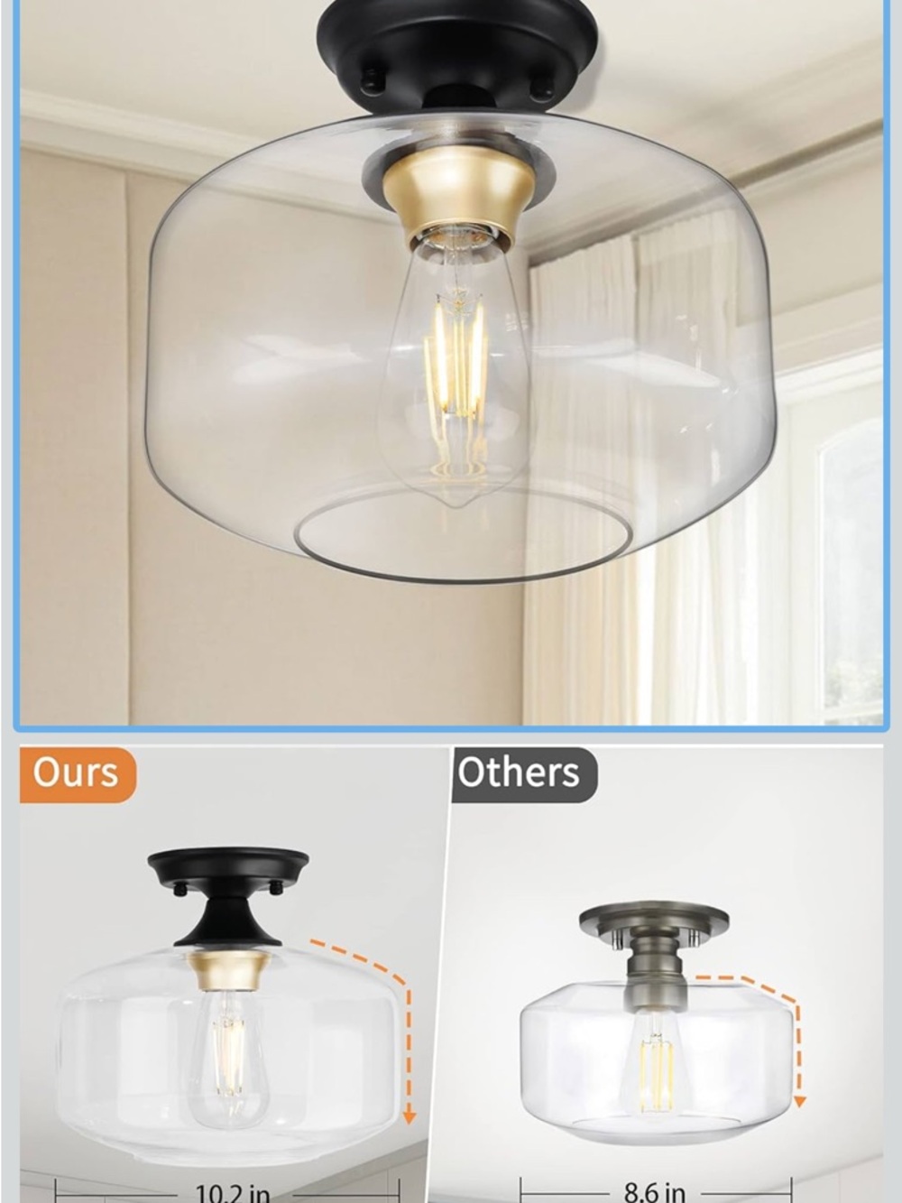 Clear Glass Semi-Flush Ceiling Lantern in Black and Gold